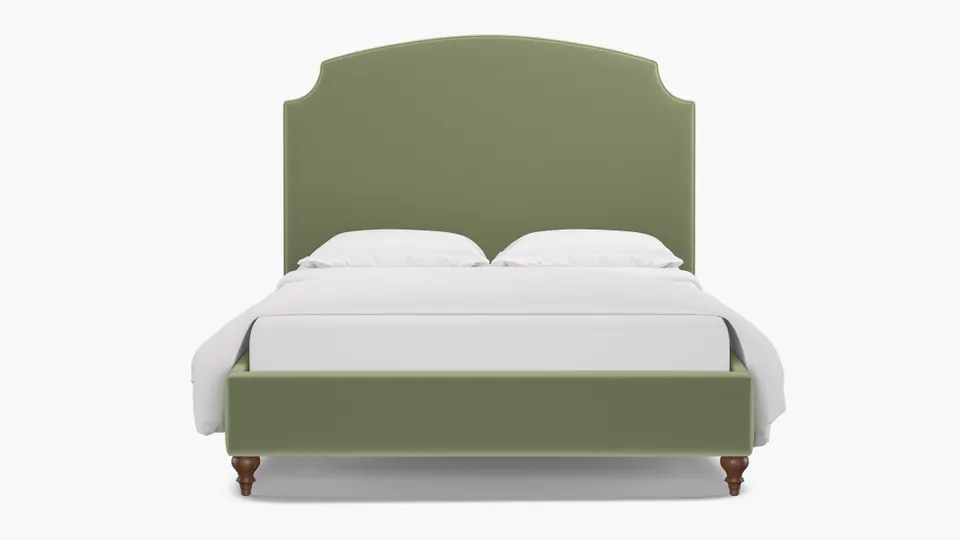 Cove Bed, Celadon Performance Plush Velvet, Walnut Traditional Turned Leg, Queen