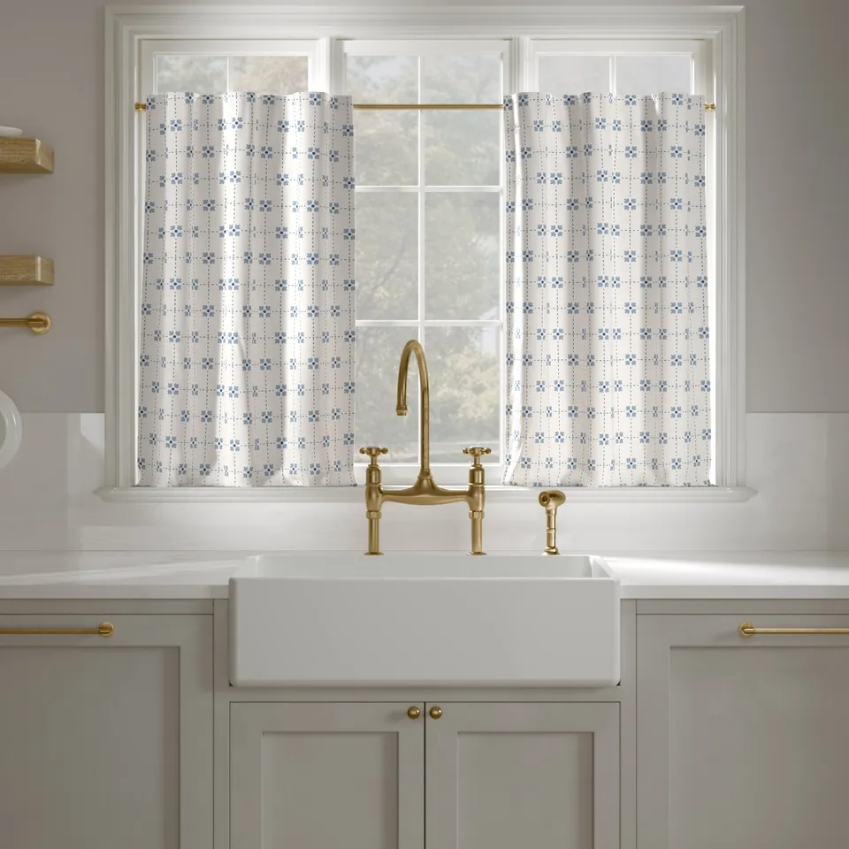 Printed Linen Café Curtain, Delft Meadow Check, 25" x 24", Unlined