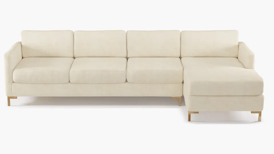 Modern Sectional, Right Facing, Talc Everyday Linen, Brass L Leg