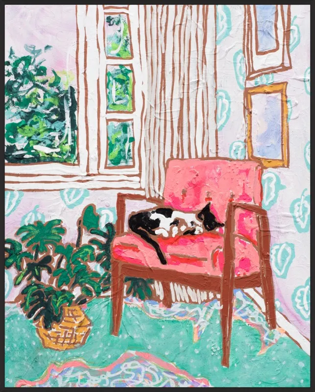 Cat Nap: Tuxedo Cat Napping in Mid-Century Chair by Lara Lee Meintjes for Artfully Walls