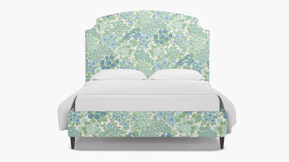 Cove Bed, Mist Million Flowers, Espresso Square Tapered Leg, King