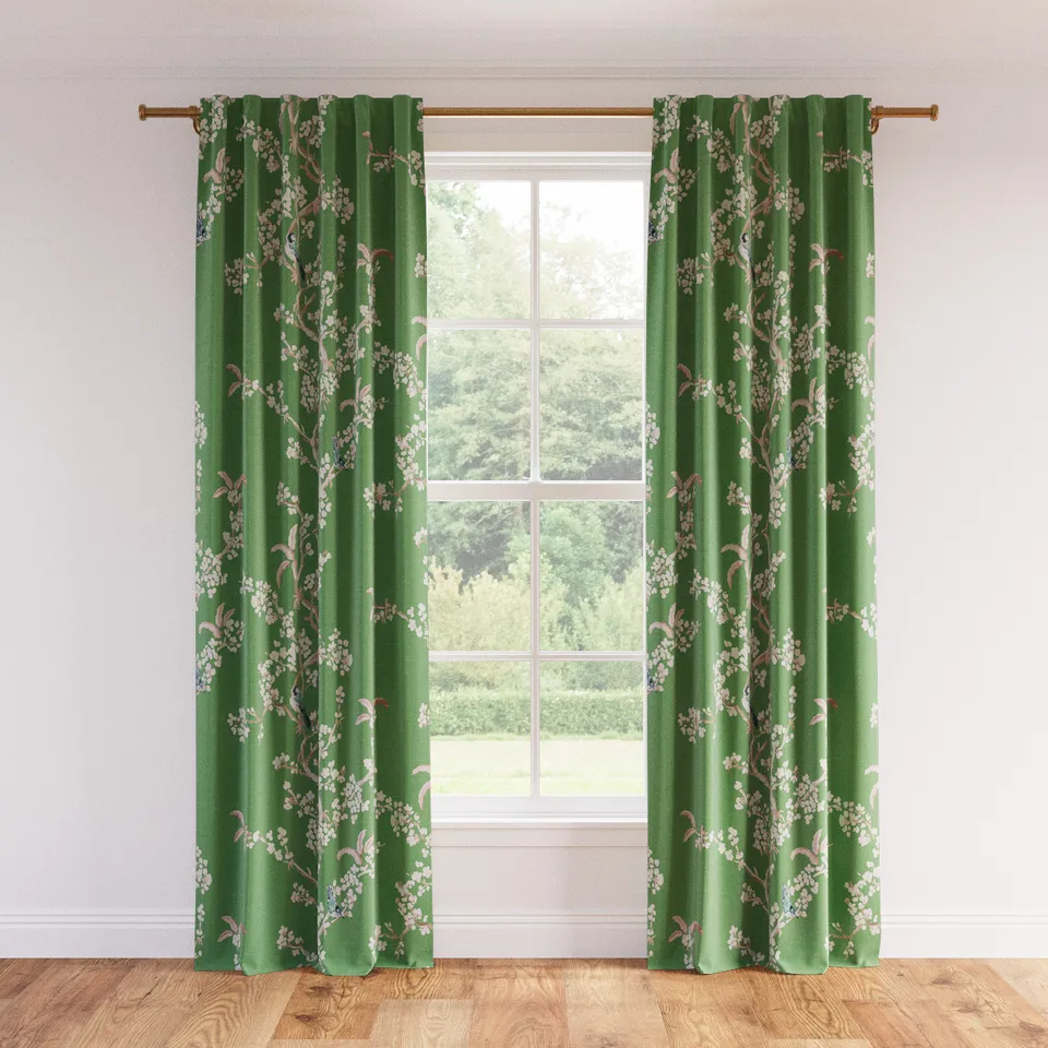 Printed Linen Curtain, Jade Cherry Blossom, 50" x 84", Blackout