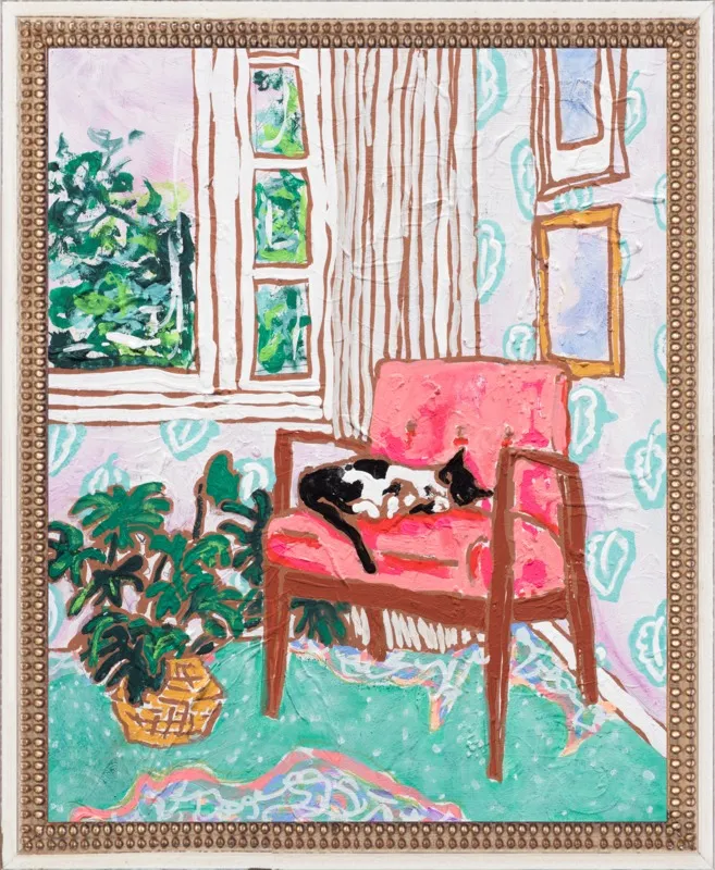 Cat Nap: Tuxedo Cat Napping in Mid-Century Chair by Lara Lee Meintjes for Artfully Walls