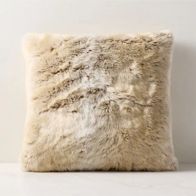 Dorian Double-Sided Warm White and Tan Faux Fur Throw Pillow With Feather-Down Insert 20"x20"
