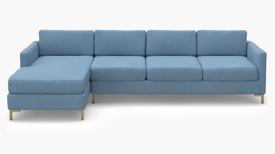 Modern Sectional, Left Facing, French Blue Everyday Linen, Brass L Leg