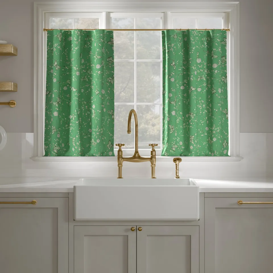 Printed Linen Café Curtain, Kelly Mariposa, 25" x 36", Unlined