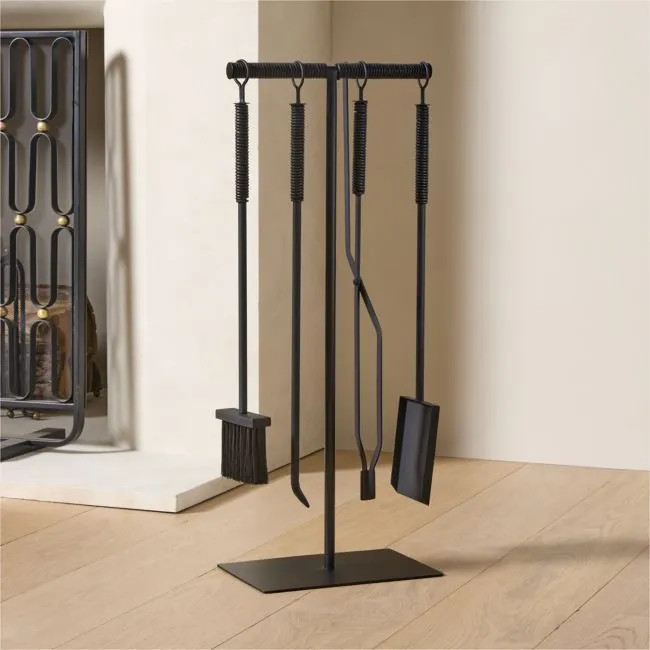 Alsina 4-Piece Black Leather Wrapped Fireplace Tool Set
