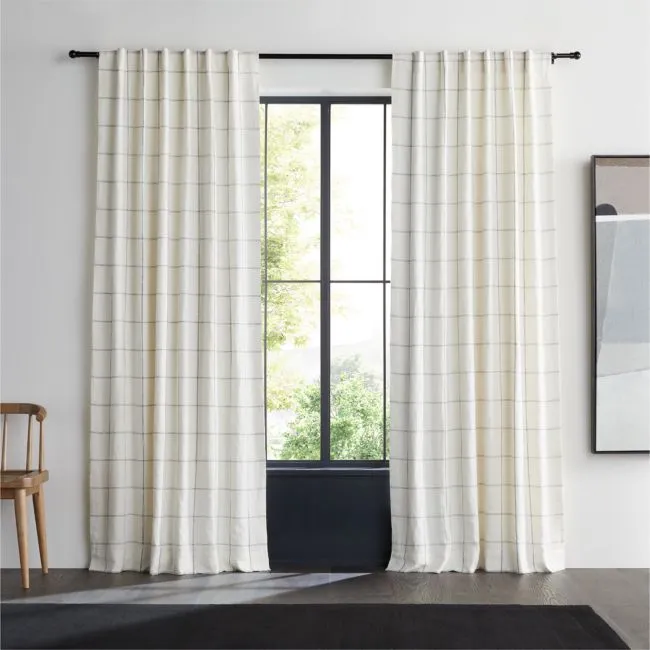 Pampas Ivory & Storm Grey Linen Double Pinstripe Grid Blackout Window Curtain Panel 52"x120"