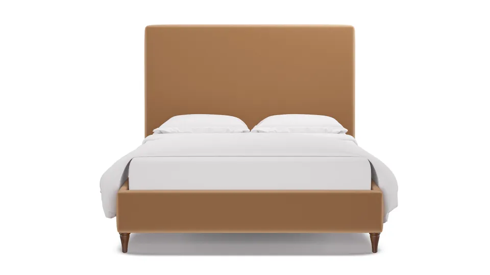 Classic Bed, Camel Performance Plush Velvet, Walnut Decorative Tapered Leg, Queen