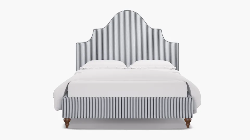 Statement Bed, Black Classic Ticking Stripe, Walnut Traditional Turned Leg, Queen