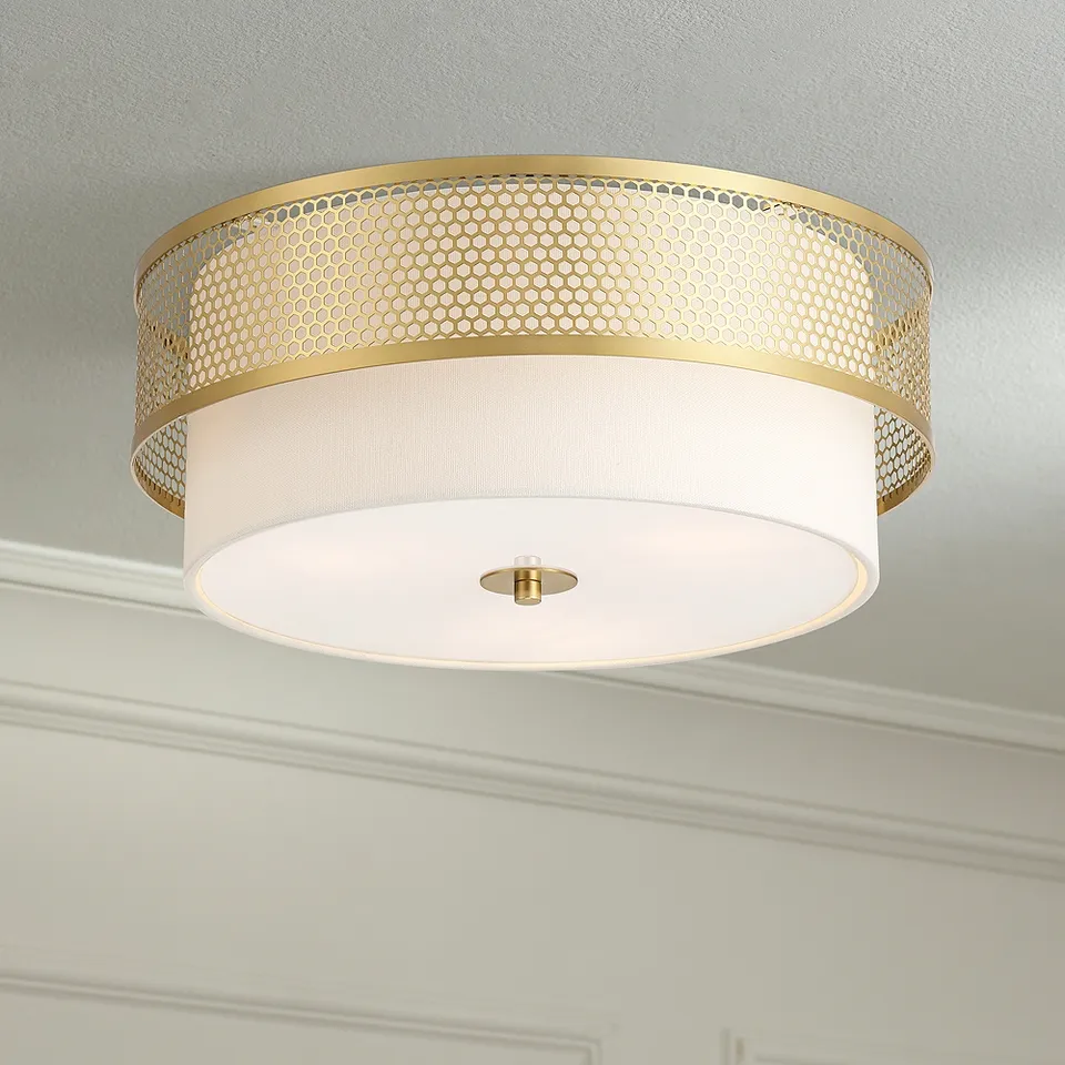 Possini Euro Marino 16" Wide Gold and Linen 3-Light Ceiling Light
