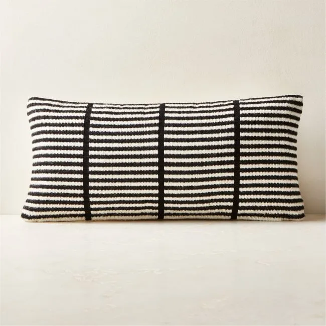 Stria Black and White Woven Silk Lumbar Pillow with Down-Alternative Insert 23''x11'' by Ackerman
