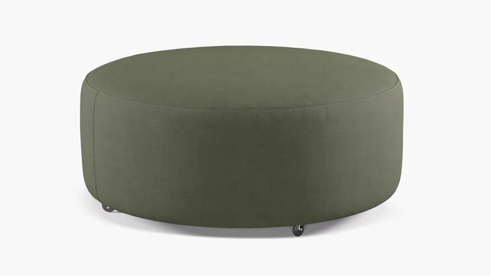 Round Cocktail Ottoman, Moss Luxe Linen