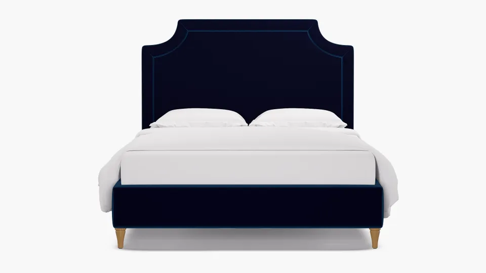 Deco Bed, Cobalt Performance Plush Velvet, Natural Decorative Tapered Leg, King
