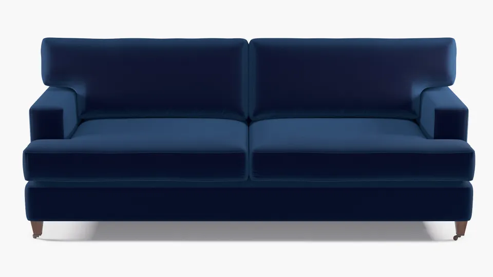 Classic Sofa, Navy Performance Velvet, Walnut with Antique Brass Caster