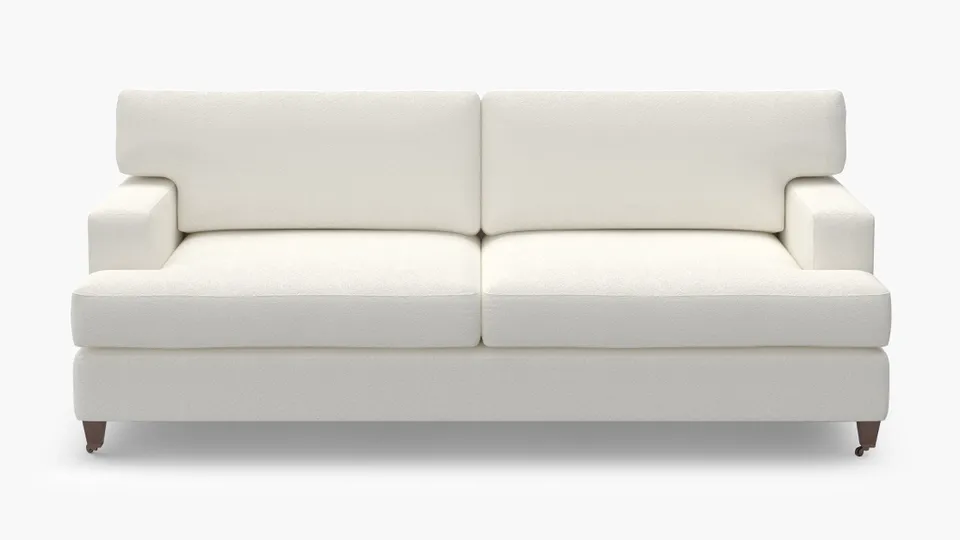 Classic Sofa, Snow Boucle, Walnut with Antique Brass Caster