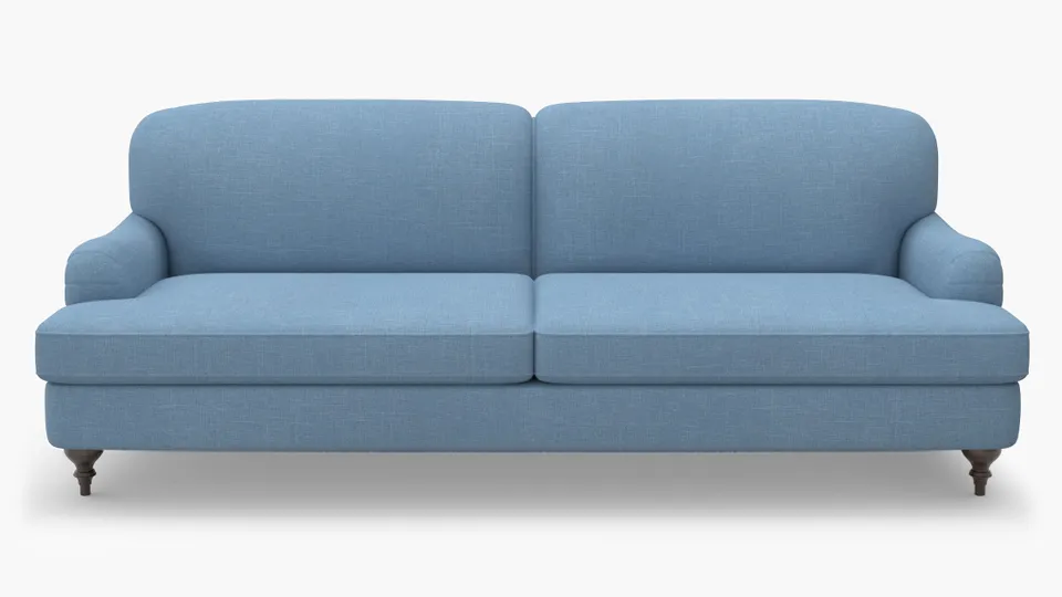 English Roll Arm Sofa, French Blue Everyday Linen, Espresso Turned Wood Leg