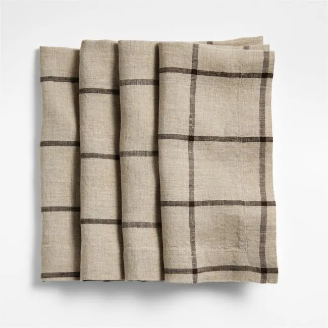 Marin Natural and Earth Brown European Linen Windowpane Plaid Napkins, Set of 4