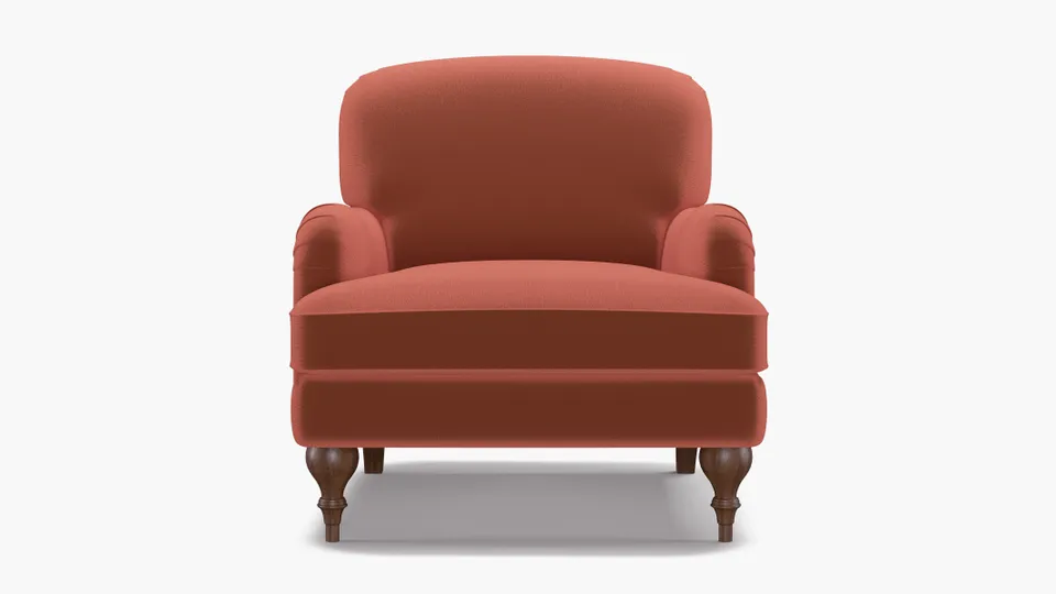 English Roll Arm Chair, Terracotta Performance Velvet, Walnut Turned Wood Leg