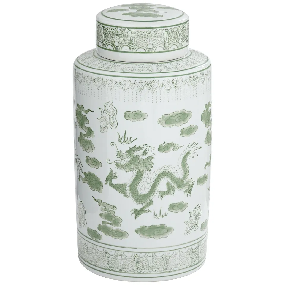 Sansui 15 3/4"H Green and White Ceramic Ginger Jar with Lid
