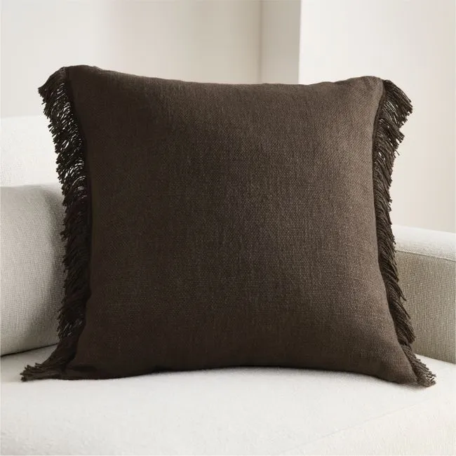 Casual Textured Fringe 23"x23" Deep Brown Throw Pillow with Down-Alternative Insert