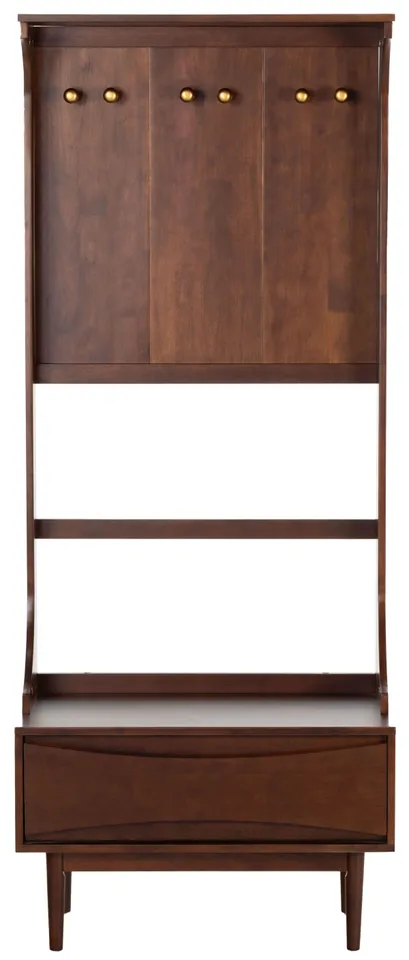 Pitta Wood 1 Drawer Hall Tree - Walnut/Gold
