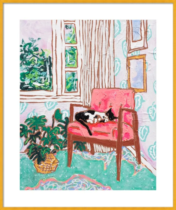 Cat Nap: Tuxedo Cat Napping in Mid-Century Chair by Lara Lee Meintjes for Artfully Walls