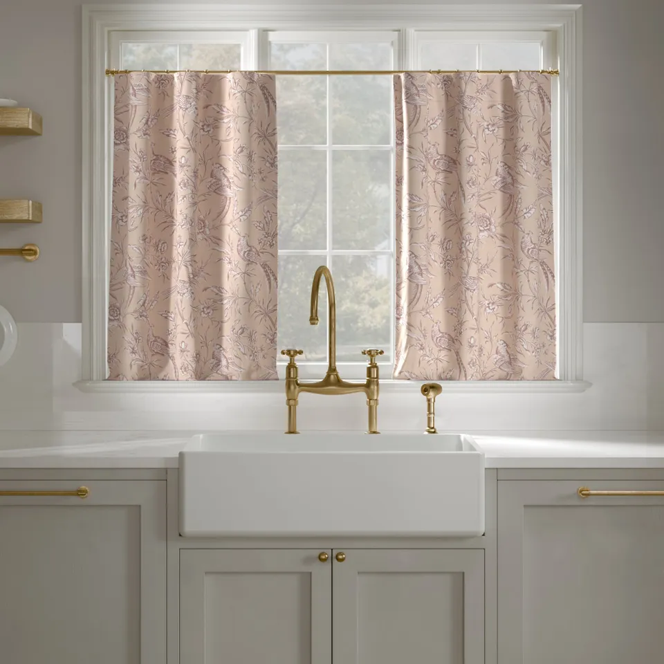 Printed Linen Café Curtain, Blush Aviary, 25" x 36", Privacy