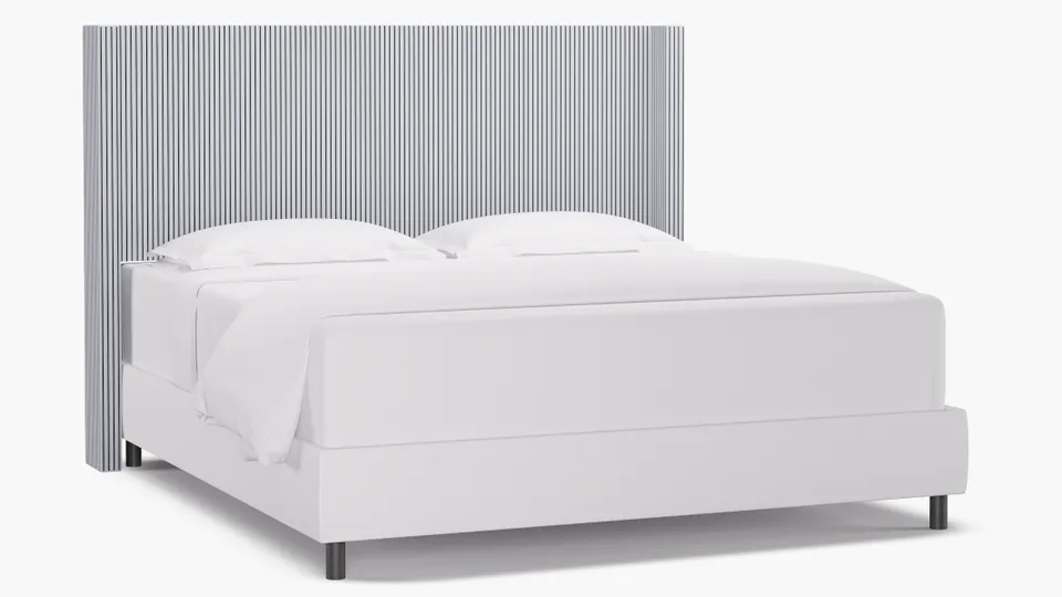 Modern Wingback Headboard, Black Classic Ticking Stripe, King