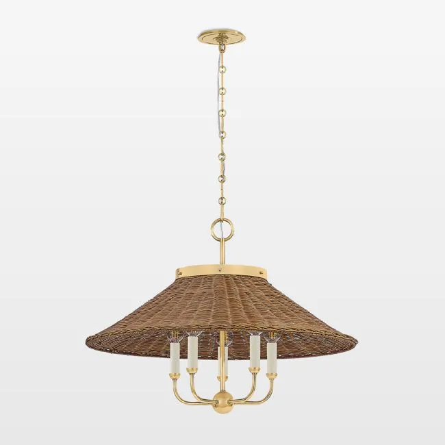 Lugo Brass and Rattan Chandelier 27.5"