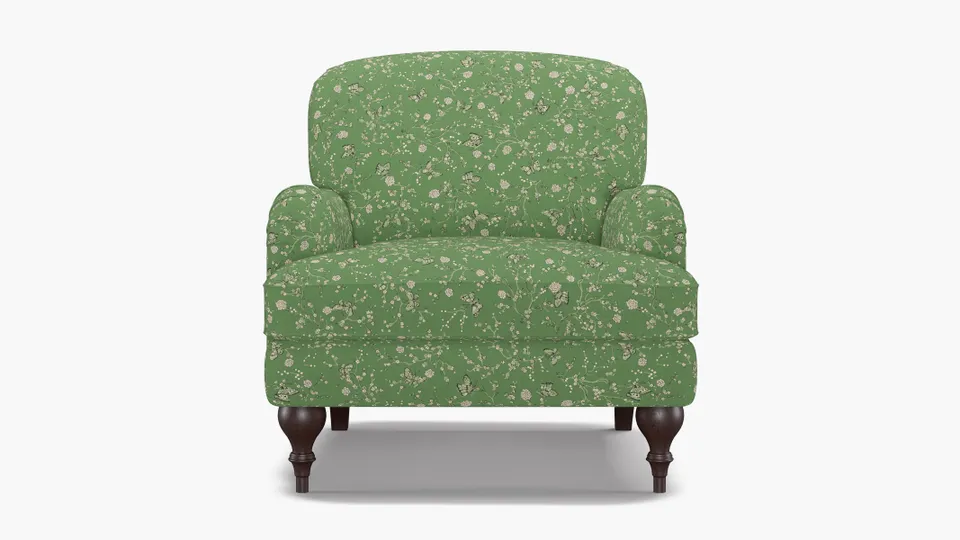 English Roll Arm Chair, Kelly Mariposa, Espresso Turned Wood Leg