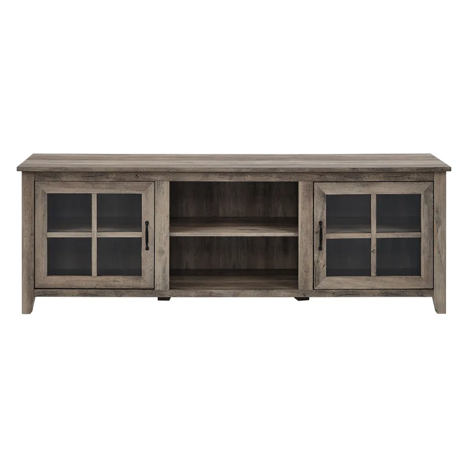 70" Farmhouse Simple Window Pane 2 Door Wood TV Stand - Grey Wash 