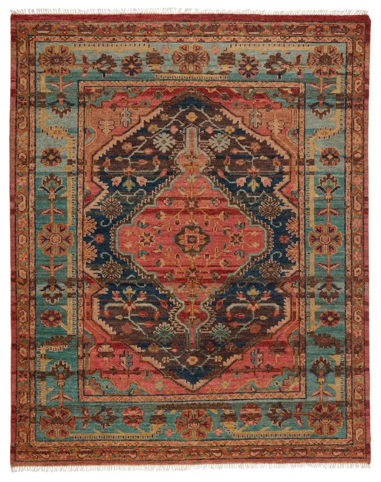 Afri Hand-Knotted Medallion Dark Blush/ Teal Area Rug (9'X12')
