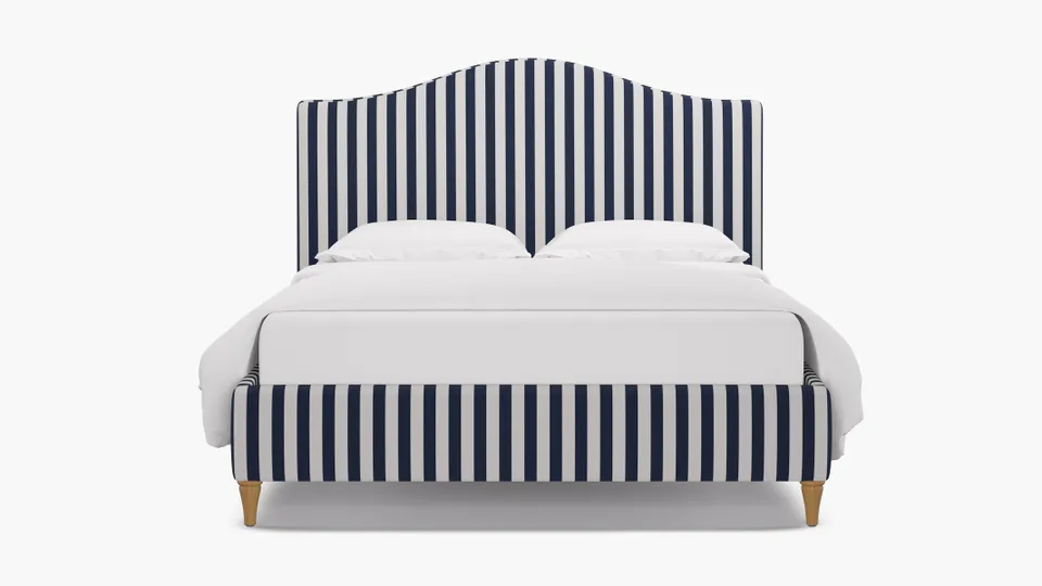Camelback Bed, Navy Cabana Stripe, Natural Decorative Tapered Leg, Queen