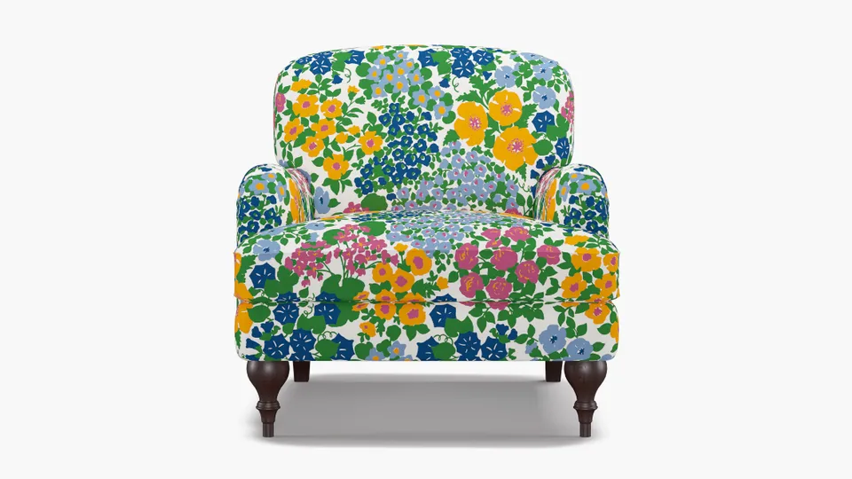 English Roll Arm Chair, Fuchsia Million Flowers, Espresso Turned Wood Leg