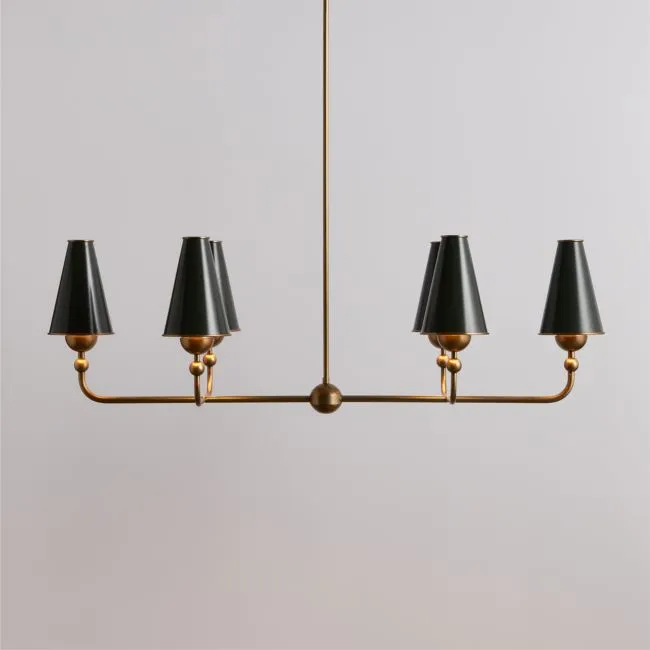 Everton Brass Linear Chandelier Light with Green Metal Shades