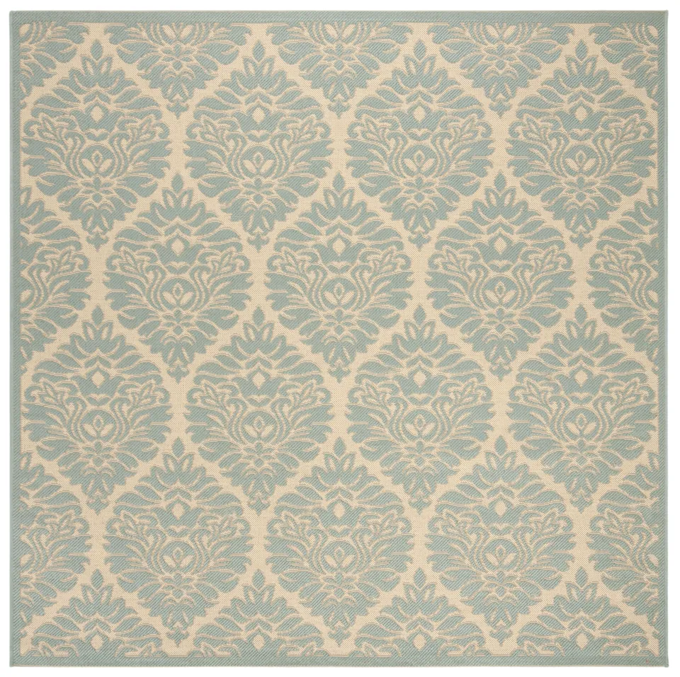 Arlo Home Indoor/Outdoor Woven Area Rug, LND135L, Cream/Aqua,  6' 7" X 6' 7" Square
