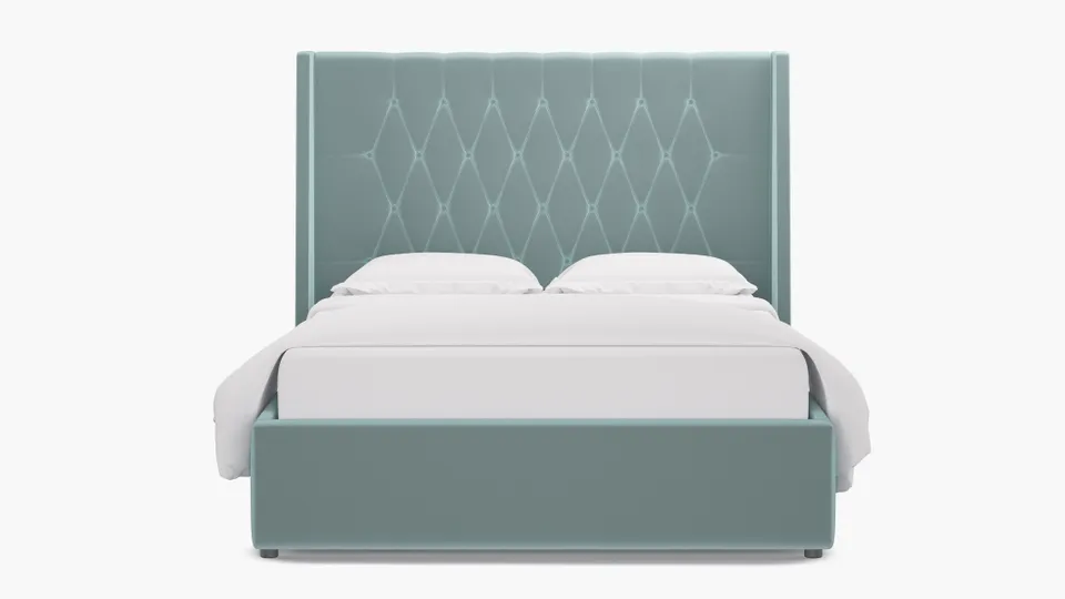 Tufted Wingback Bed, Spa Performance Plush Velvet, Queen