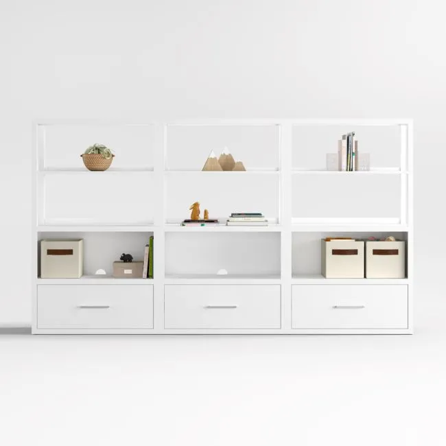Ever Simple 108" Set of 3 Modular White Wood Kids Drawer Bookcases with Hutches