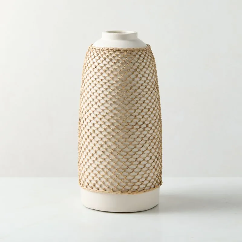 Rumi White Terracotta and Rattan Vase 14"