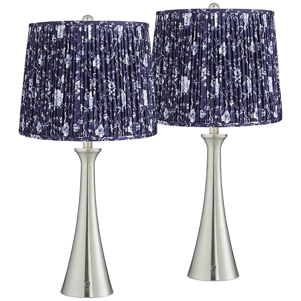 Karl Brushed Nickel USB Table Lamps Set of 2 with Deep Blue Shades