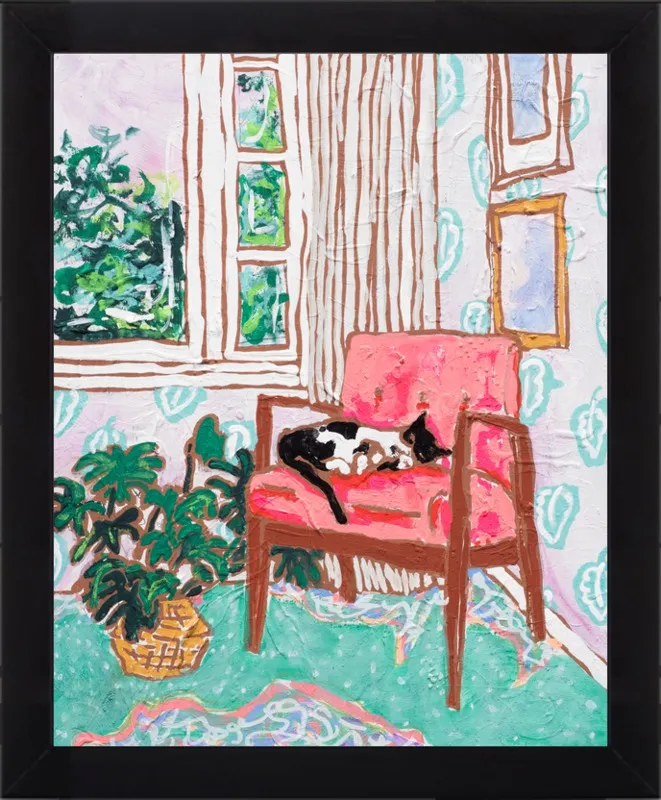 Cat Nap: Tuxedo Cat Napping in Mid-Century Chair by Lara Lee Meintjes for Artfully Walls