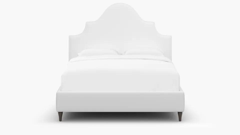 Statement Bed, White Twill, Espresso Decorative Tapered Leg, Queen
