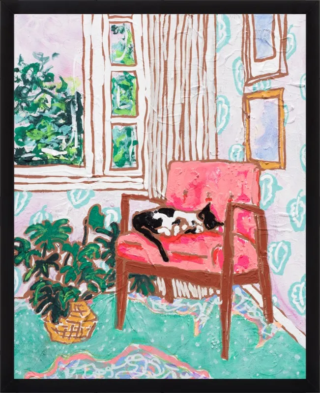 Cat Nap: Tuxedo Cat Napping in Mid-Century Chair by Lara Lee Meintjes for Artfully Walls
