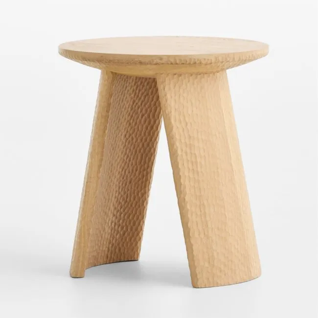 Canberra Carved White Oak Wood 20" Round Side Table, Set of 2