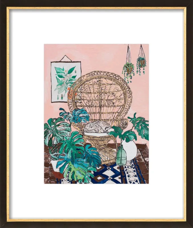Napping Cat in Rattan Chair on Pink by Lara Lee Meintjes for Artfully Walls