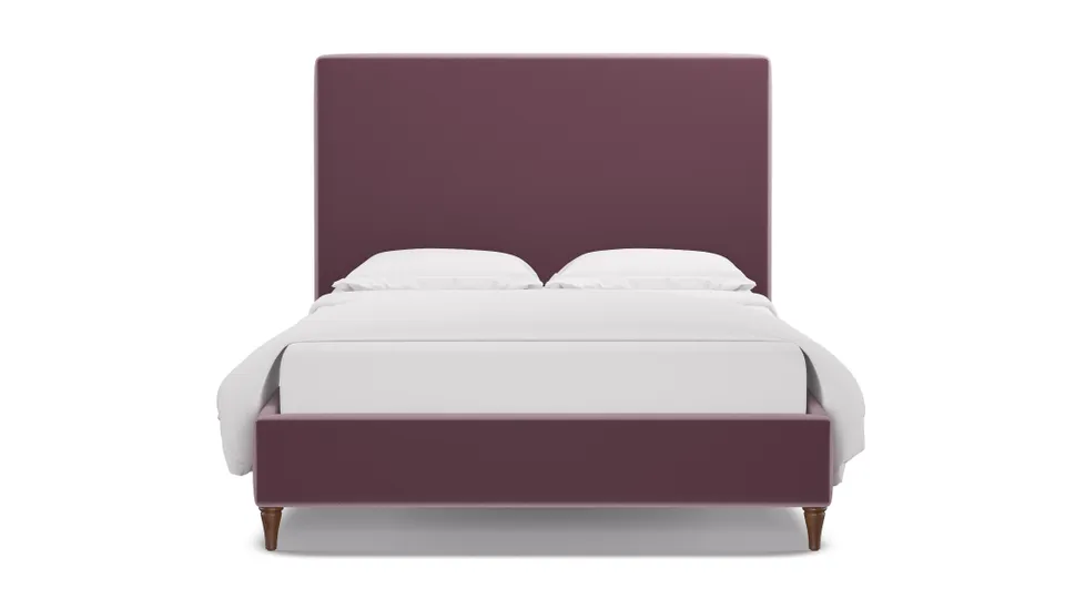 Classic Bed, Lavender Performance Plush Velvet, Walnut Decorative Tapered Leg, Full