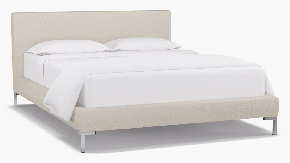 Modern Platform Bed, Snow Bouclé, Chrome, Queen