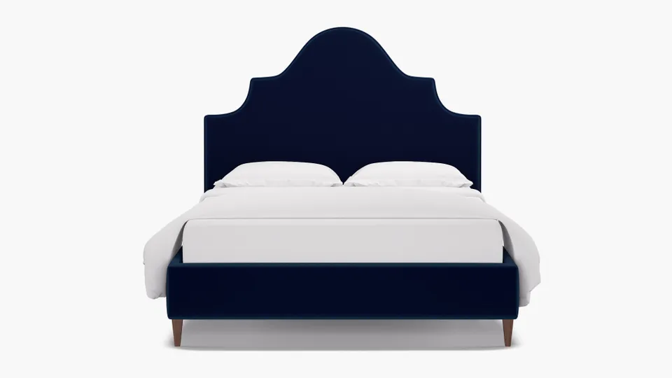 Statement Bed, Navy Performance Velvet, Walnut Square Tapered Leg, Twin