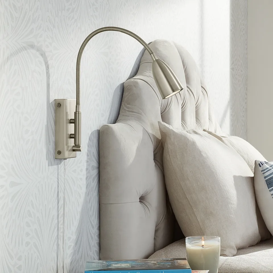360 Lighting Lido Gooseneck Arm Brushed Nickel Plug-In Wall Reading Light